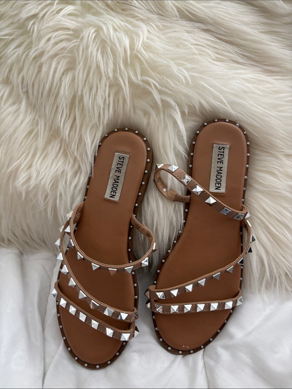 Steve Madden Brown Studded Triple-Strap Slide Sandals